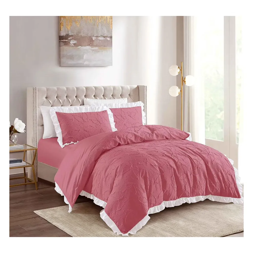 Lenjerie de Pat Dublu, Bumbac Finet, 4 Piese Cu Elastic, Roz Pudra - CPL131