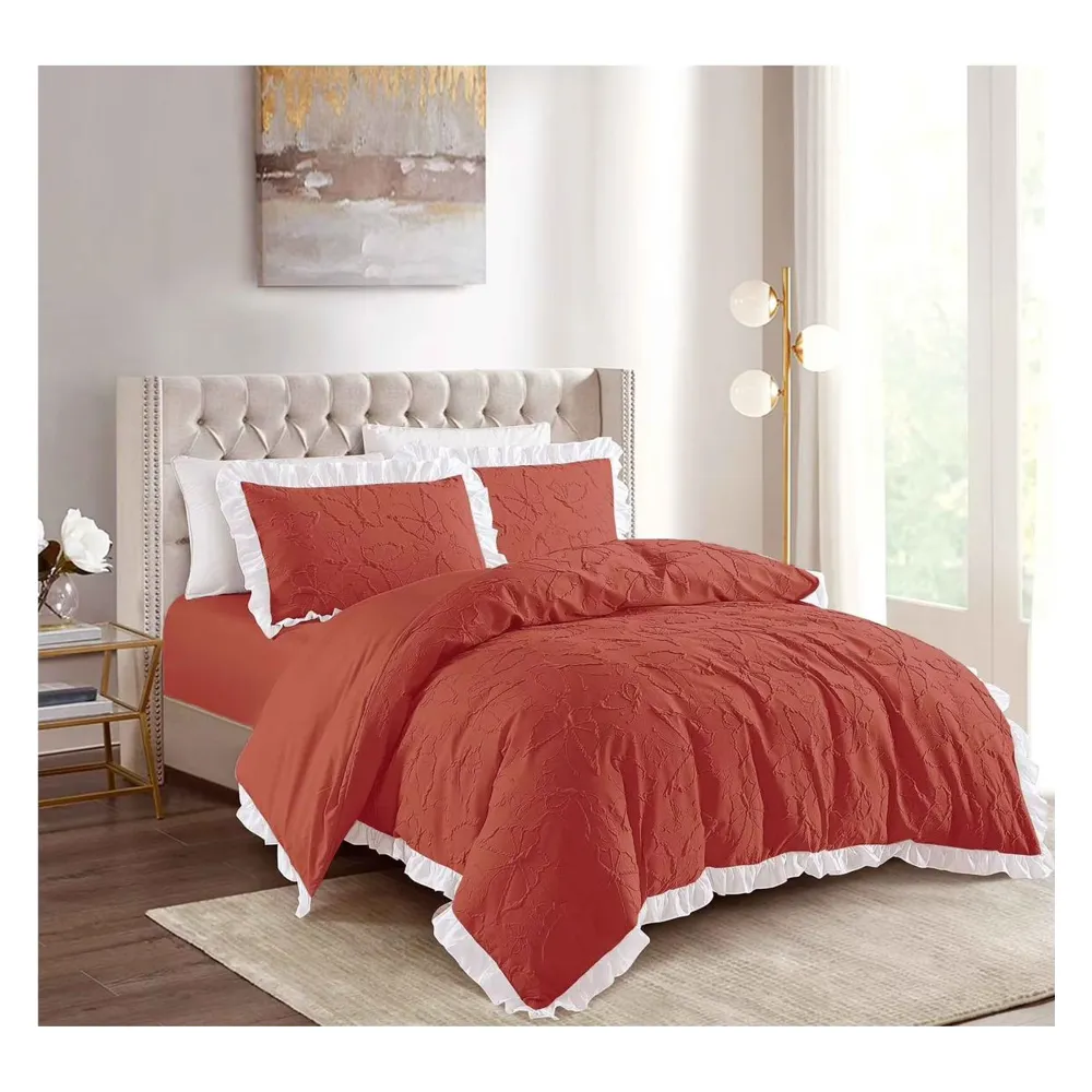 Lenjerie de Pat Dublu, Bumbac Finet, 4 Piese Cu Elastic, Caramiziu-CPL133