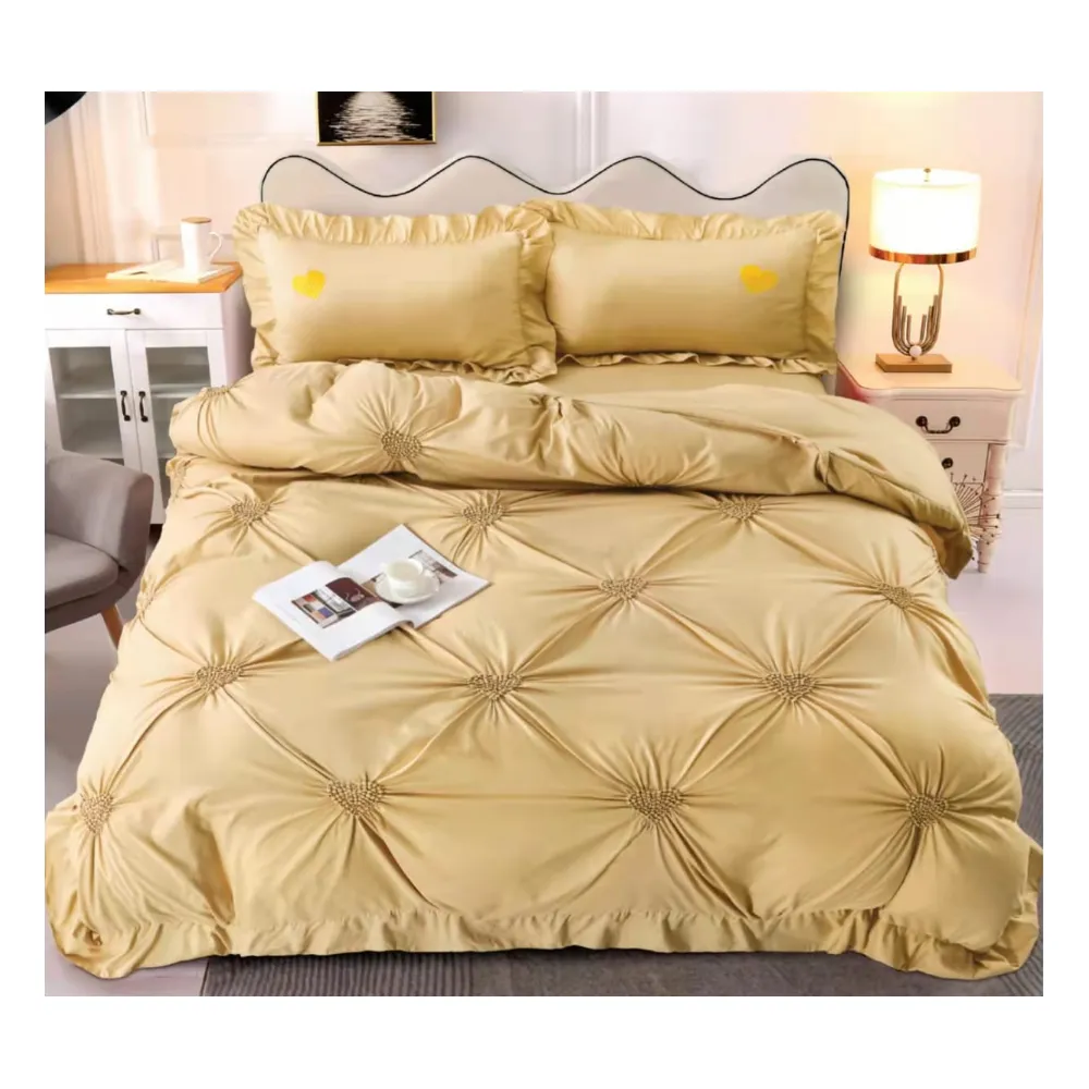 Lenjerie de Pat Finet, Pliuri Brodate, 4 piese, Galben Ocru - EAT85