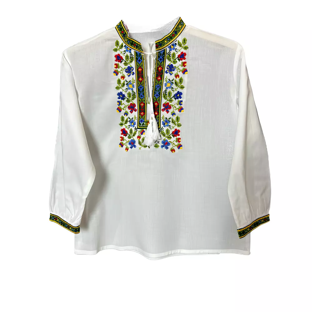 Camasa Tip Ie Traditionala de Baieti Alba cu Motiv Floral Multicolor - ITB08