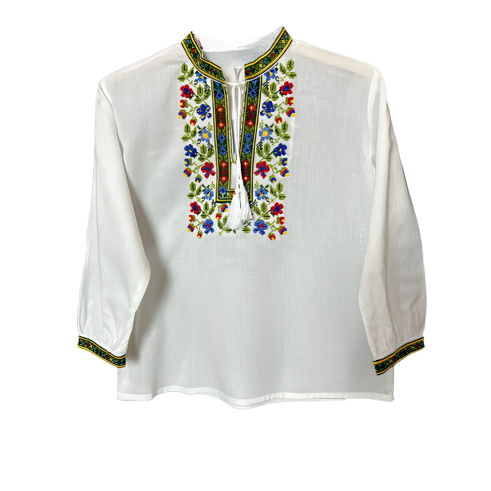 Camasa Tip Ie Traditionala de Baieti Alba cu Motiv Floral Multicolor - ITB08