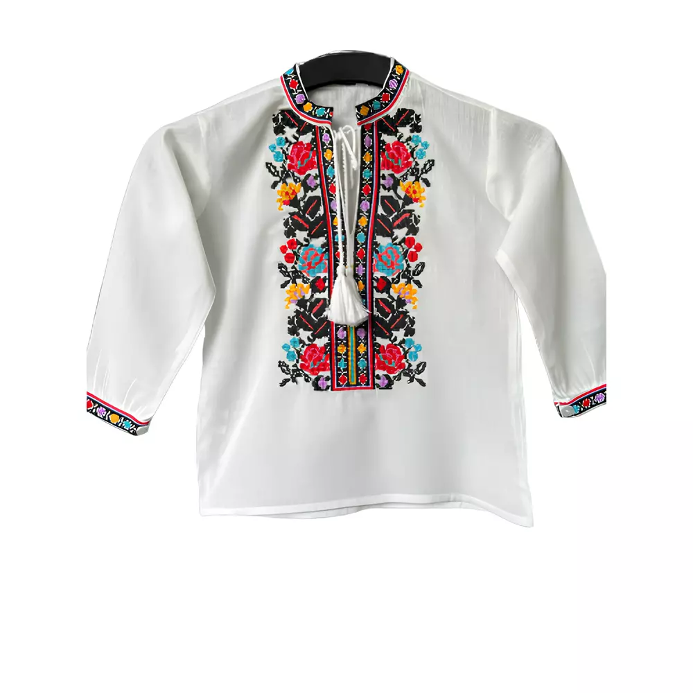 Camasa Tip Ie Traditionala de Baieti Alba cu Motiv Floral Multicolor - ITB10