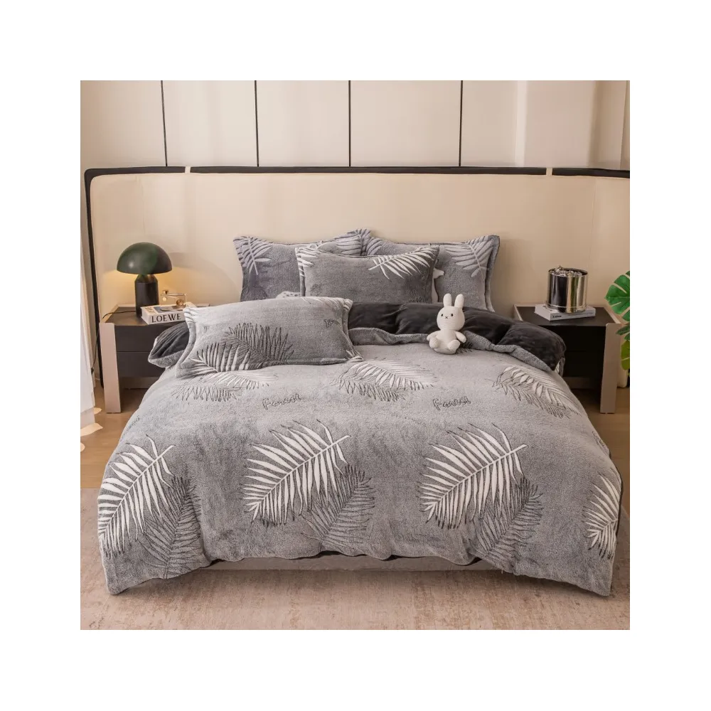 Lenjerie Pufoasa Cocolino Pentru Pat de 1 Persoana  - JO321 Frunze Gri