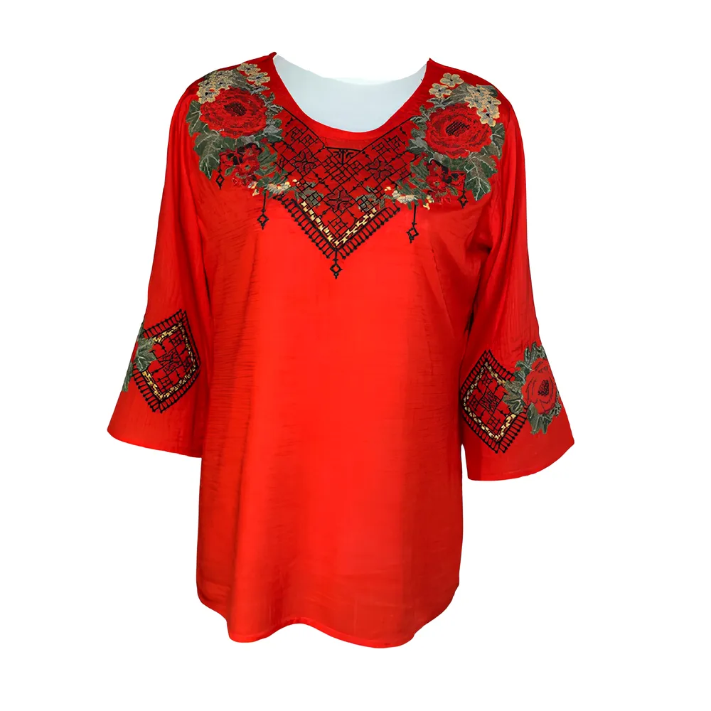 Bluza Traditionala Rosie cu Motiv Floral Rosu - BMG98