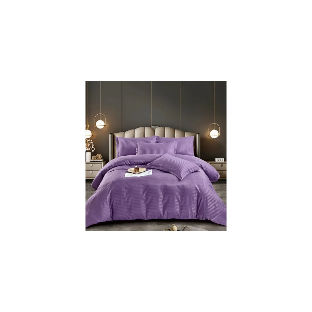 Lenjerie de Pat Damasc 6 Piese, Dungi Duble, Mov - JOJ793