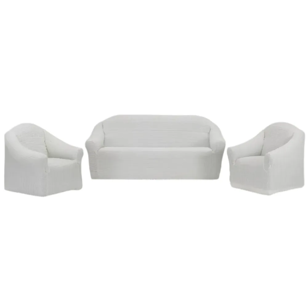 Huse Elastice si Creponate fara Volan, Canapea 3 Persoane + 2 Fotolii, Alb -HC25