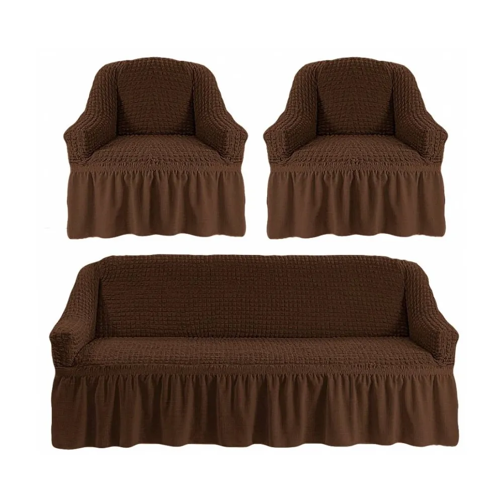 Huse Elastice si Creponate, Canapea 3 Persoane + 2 Fotolii, Maro - HEP35