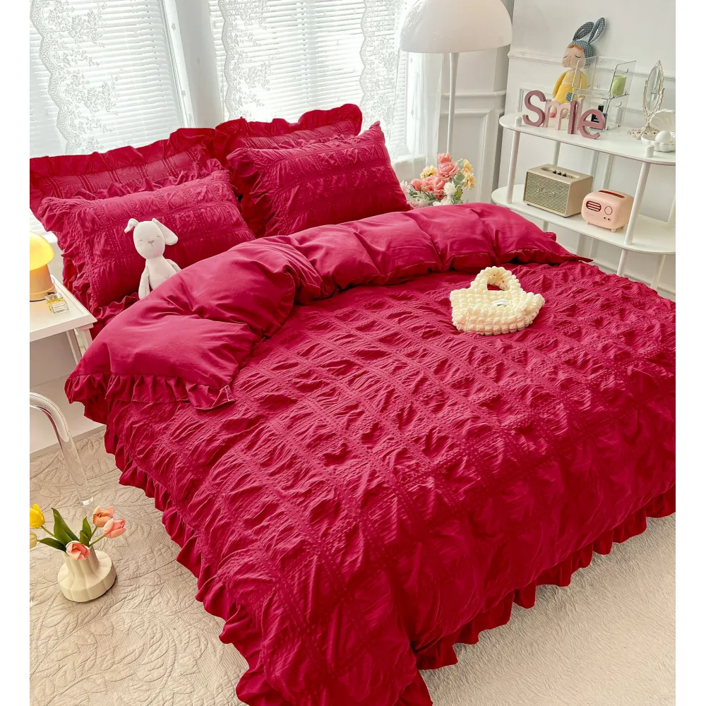 Lenjerie de Pat Dublu, Bumbac Finet-Creponat, 6 Piese, Bordo - JO307