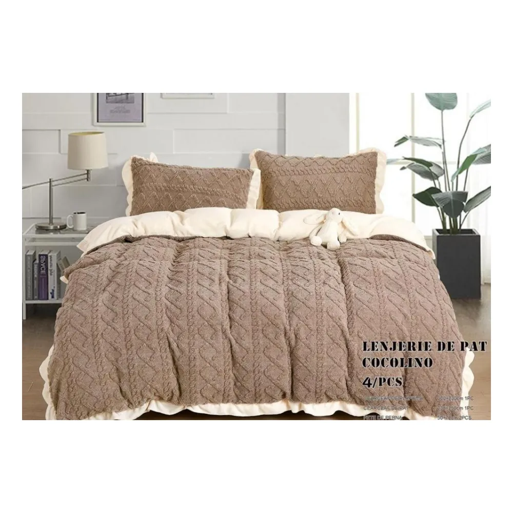 Lenjerie Cocolino Cu Blanita Pentru Pat Dublu, 4 piese, Maro- LJ1003