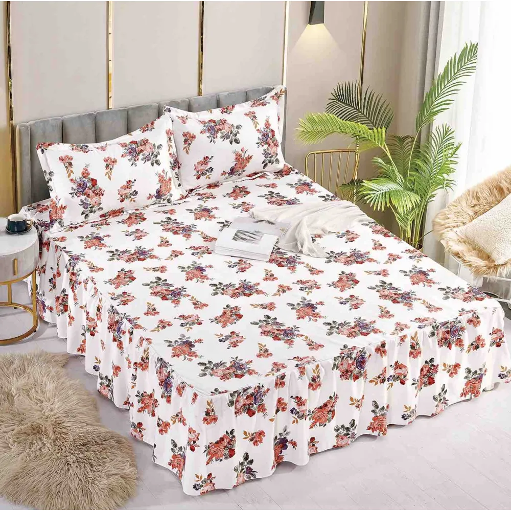 Cearceaf De Pat Cu Volane si 2 Fete De Perna Bumbac Finet - JOJ69