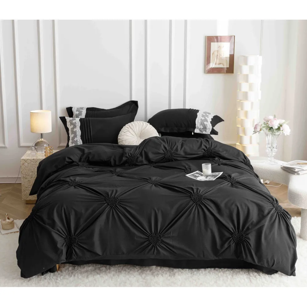 Lenjerie de Pat Finet, Pliuri Brodate - JO122 Negru