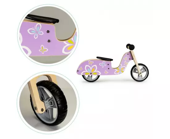 Bicicleta de echilibru din lemn cu roti EVA Ecotoys LC-V1330 - Violet cu fluturasi