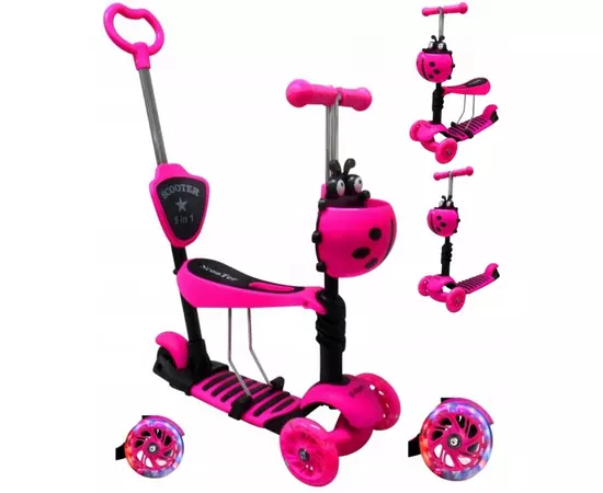 Trotineta 5 in 1, roti cu LED, platforma antiderapanta, JR R-Sport - Roz