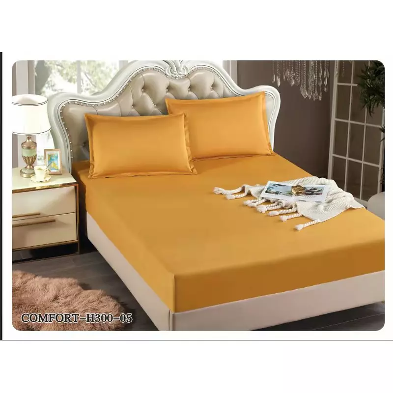 Husa de Pat Tercot cu Elastic + 2 Fete de Perna pentru Pat Dublu Galben Inchis - EAT203
