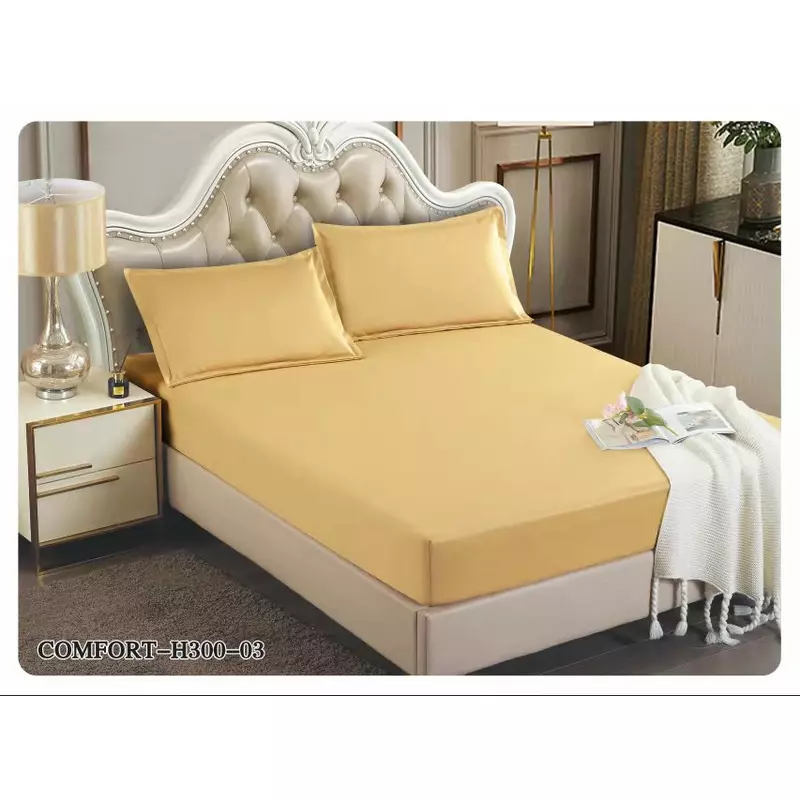 Husa de Pat Tercot cu Elastic + 2 Fete de Perna pentru Pat Dublu Galben Deschis - EAT206