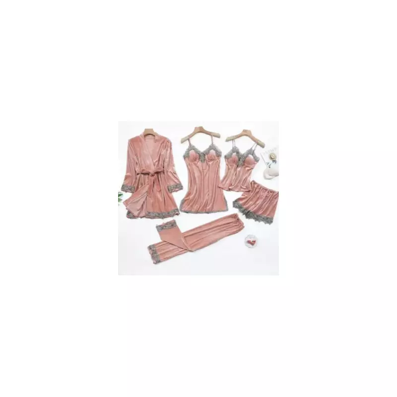 Set Pijama De Dama 5 Piese Roz Din Catifea- MEI17