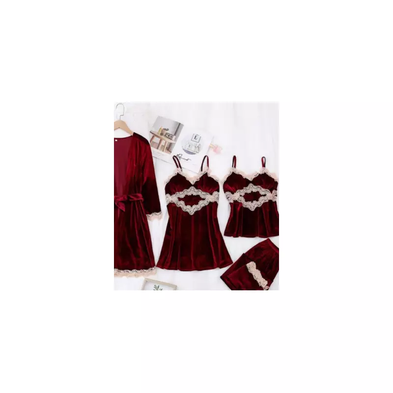 Set Pijama De Dama 4 Piese Visiniu Din Catifea- MEI20