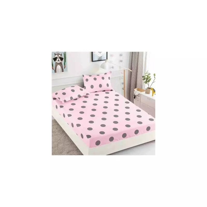 Husa de Pat + 2 Fete de Perna din Finet 180x200cm - JO822 Roz cu Buline Gri