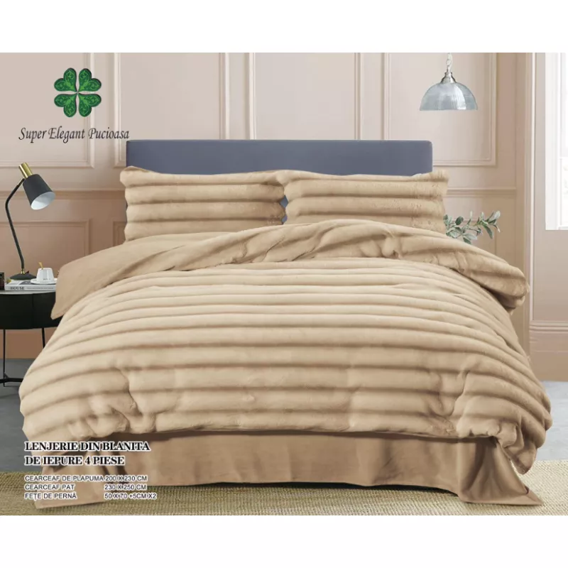 Lenjerie Cocolino Cu Blanita de Iepure Pentru Pat Dublu, 4 piese CREAM - PUC90