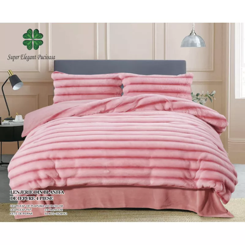 Lenjerie Cocolino Cu Blanita de Iepure Pentru Pat Dublu, 4 piese , ROZ  - PUC91