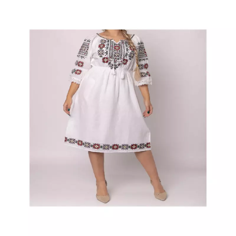 Rochie Traditionala Midi Alba cu Motiv Floral Multicolor - RTM03