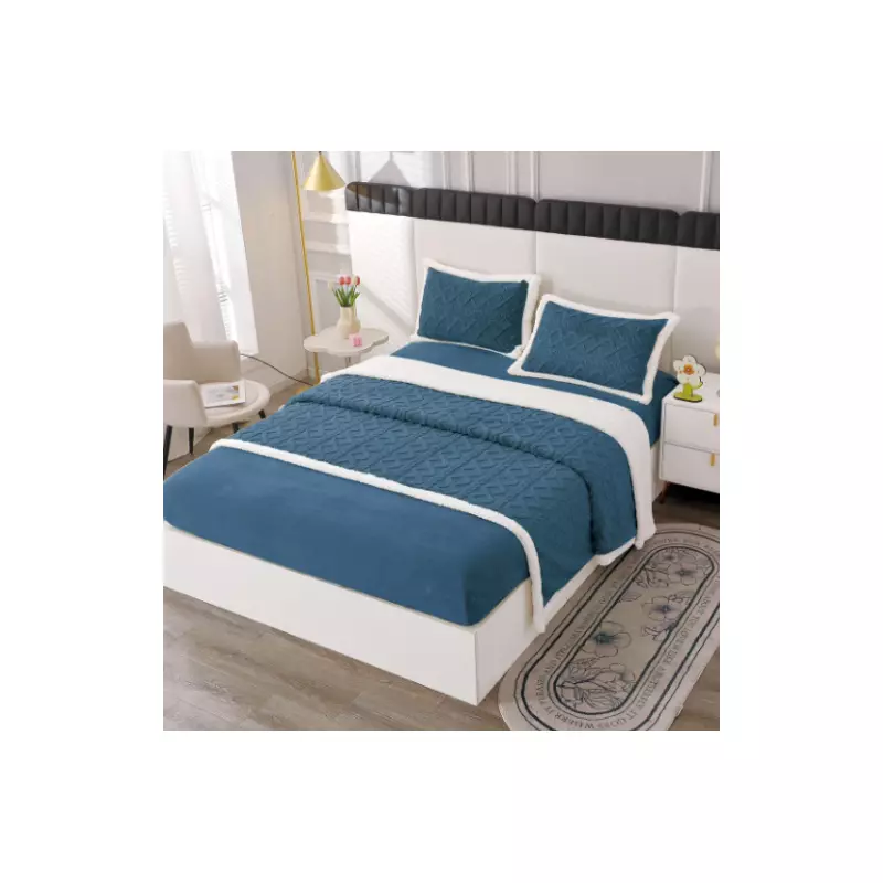 Lenjerie Crosetata cu Blanita, 4 Piese, cu Elastic Pentru Pat Dublu,  Albastru Inchis  - PUC103
