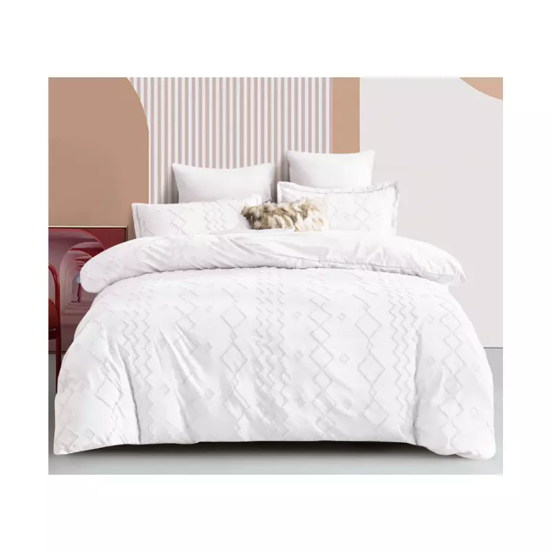 Lenjerie de Pat Finet Jacquard Velvet Gofrat, pentru Pat Dublu, 6 Piese, ALB  -  PUC111