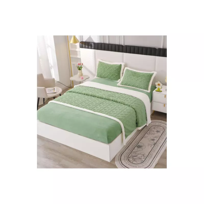 Lenjerie Crosetata cu Blanita, 4 Piese, cu Elastic Pentru Pat Dublu, Verde  - PUC102