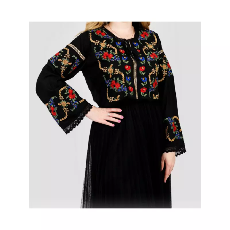 Bluza Tip Ie Neagra cu Motiv Floral Multicolor - BMG03