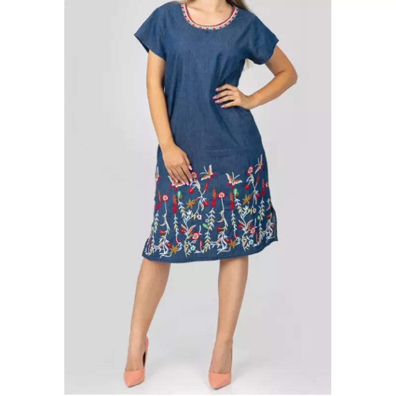 Rochie Traditionala Midi Neagra cu Motiv Floral Multicolor - RTM12