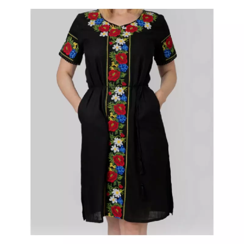 Rochie Traditionala Midi Neagra cu Motiv Floral Multicolor - RTM11
