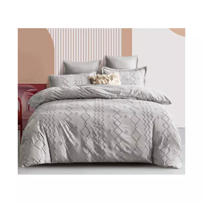 Lenjerie de Pat Finet Jacquard Velvet Gofrat, pentru Pat Dublu, 6 Piese, GRI  -  PUC112