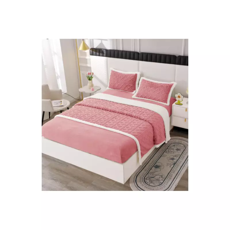 Lenjerie Crosetata cu Blanita, 4 Piese, cu Elastic Pentru Pat Dublu, Roz  - PUC105