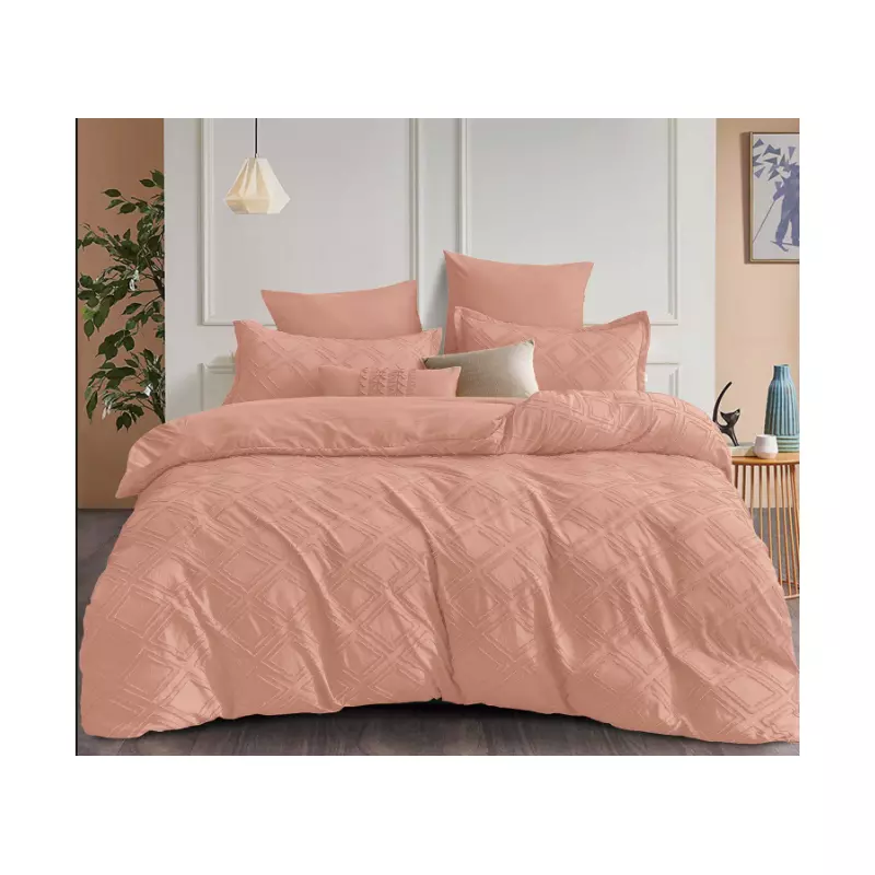 Lenjerie de Pat Finet Jacquard Velvet Gofrat, Pat Dublu, 6 Piese, ROZ SOMON -  PUC113
