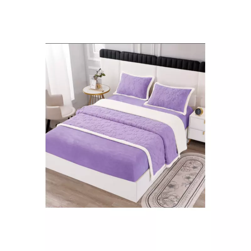 Lenjerie Crosetata cu Blanita, 4 Piese, cu Elastic Pentru Pat Dublu, Mov  - PUC106