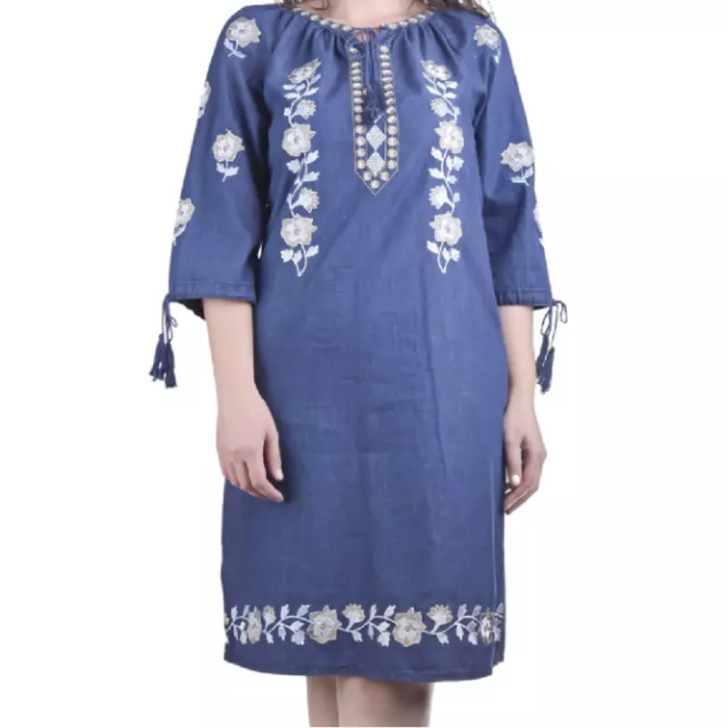 Rochie Denim Albastra cu Motiv Floral Alb - RTM06