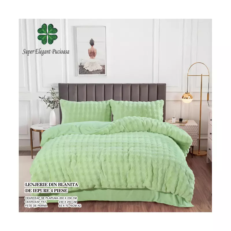 Lenjerie Cocolino Cu Blanita de Iepure Pentru Pat Dublu, 4 piese , VERDE DESCHIS  - PUC98