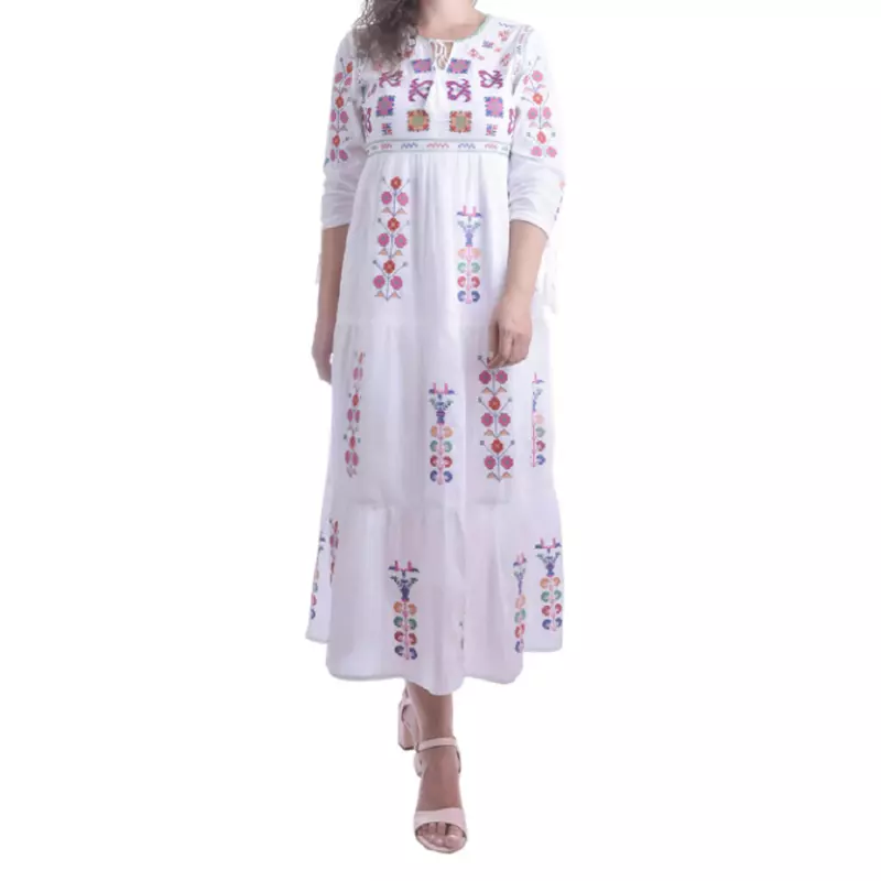 Rochie Traditionala Maxi Alba cu Motiv Floral Multicolor - RTM05