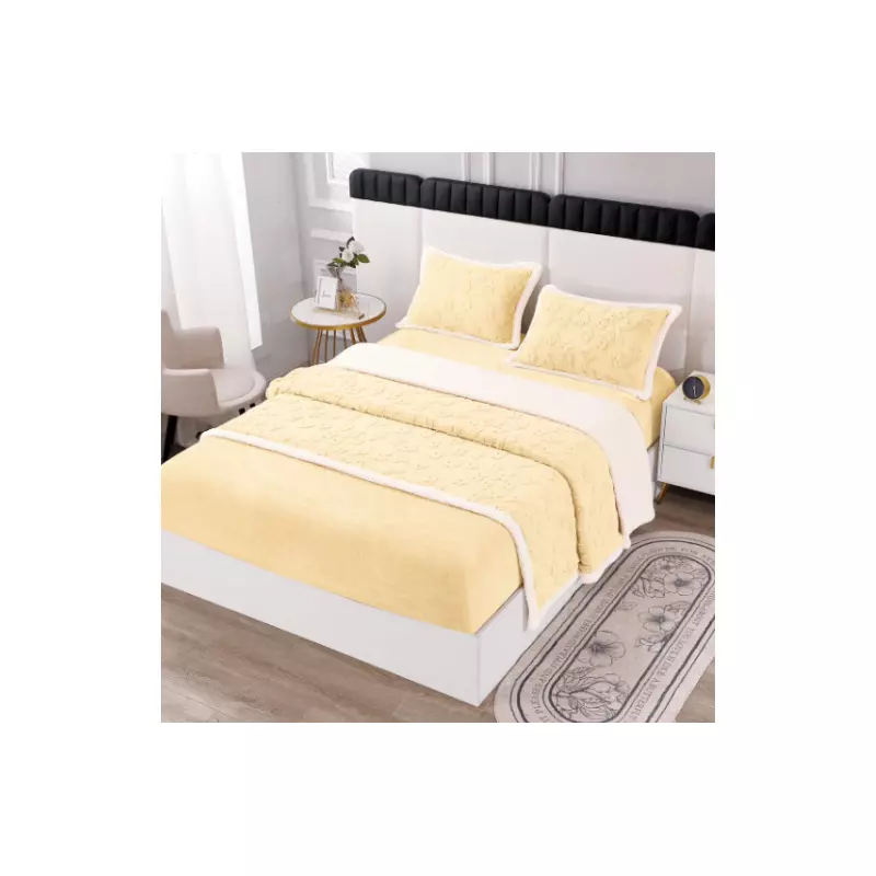 Lenjerie Crosetata cu Blanita, 4 Piese, cu Elastic Pentru Pat Dublu, Galben - PUC107