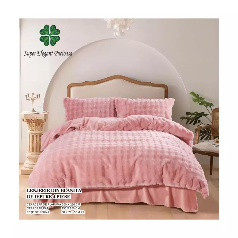 Lenjerie Cocolino Cu Blanita de Iepure Pentru Pat Dublu, 4 piese , ROZ  - PUC95