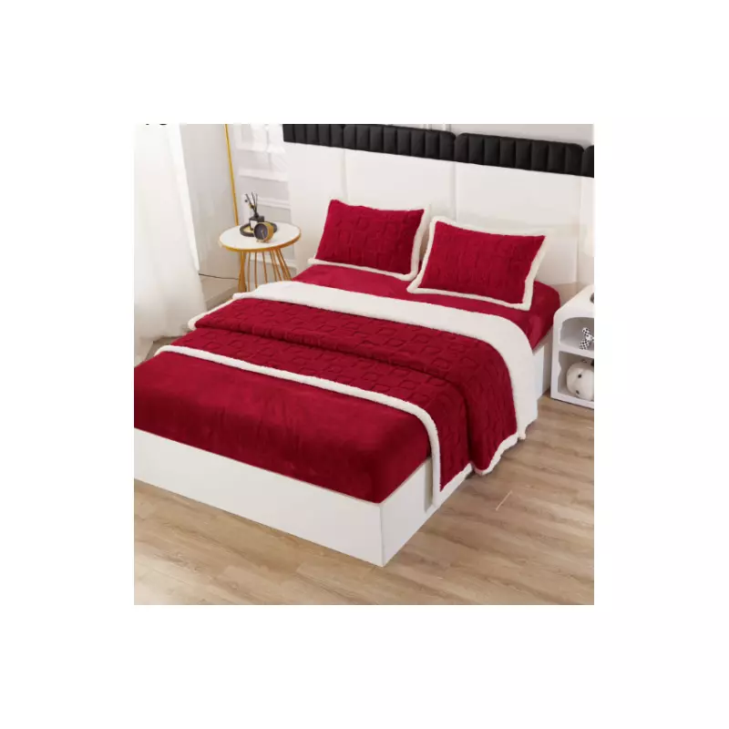 Lenjerie Crosetata cu Blanita, 4 Piese, cu Elastic Pentru Pat Dublu, Bordo  - PUC110