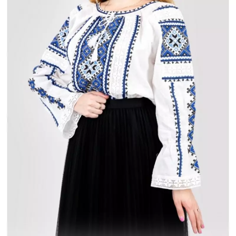 Ie Traditionala Alba cu Motiv Geometric Albastru- IML03