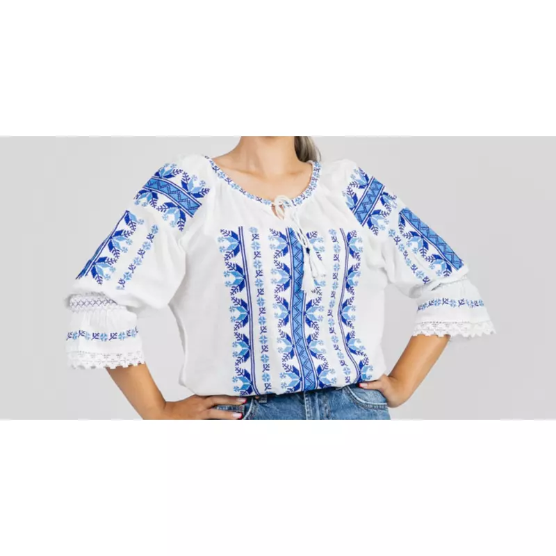 Ie Traditionala Alba cu Motiv Geometric Albastru de Dama  - IMS05