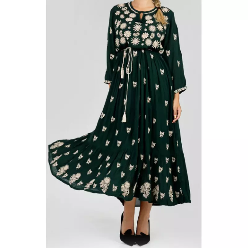 Rochie Traditionala Maxi Verde cu Motiv Floral Auriu - RTM14