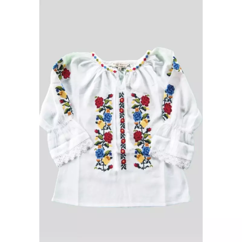 Ie Traditionala Alba pentru Fetite cu Motiv Floral Tricolor - ITF01