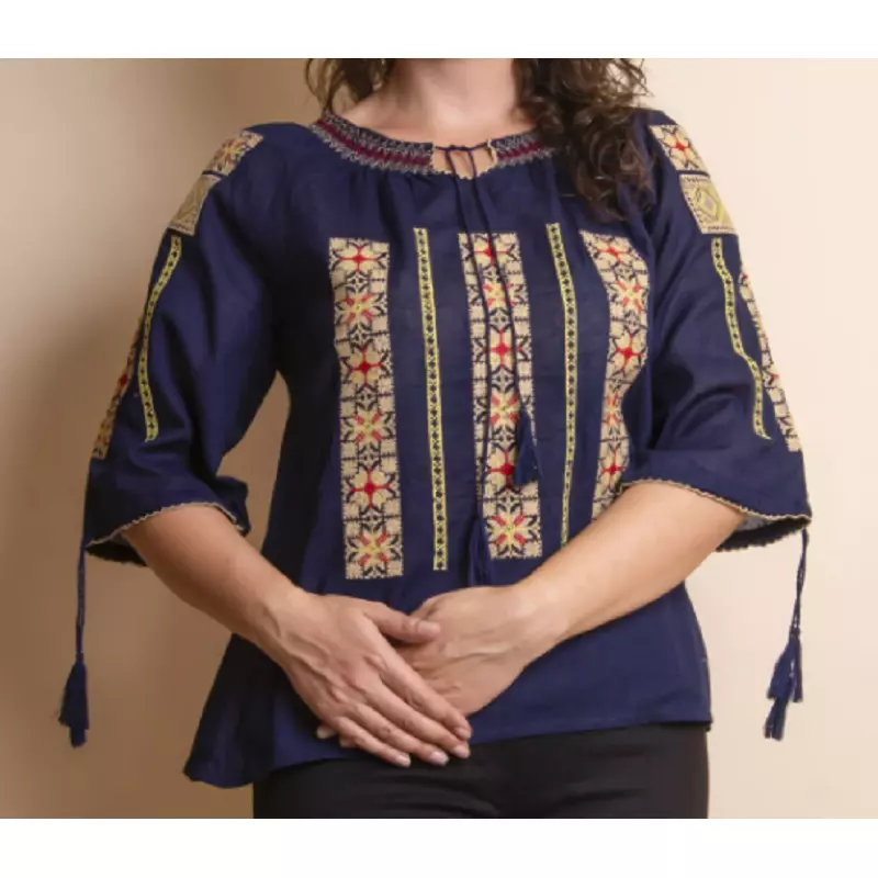 Ie Traditionala Albastra cu Motiv Floral Crem de Dama  - IMS25