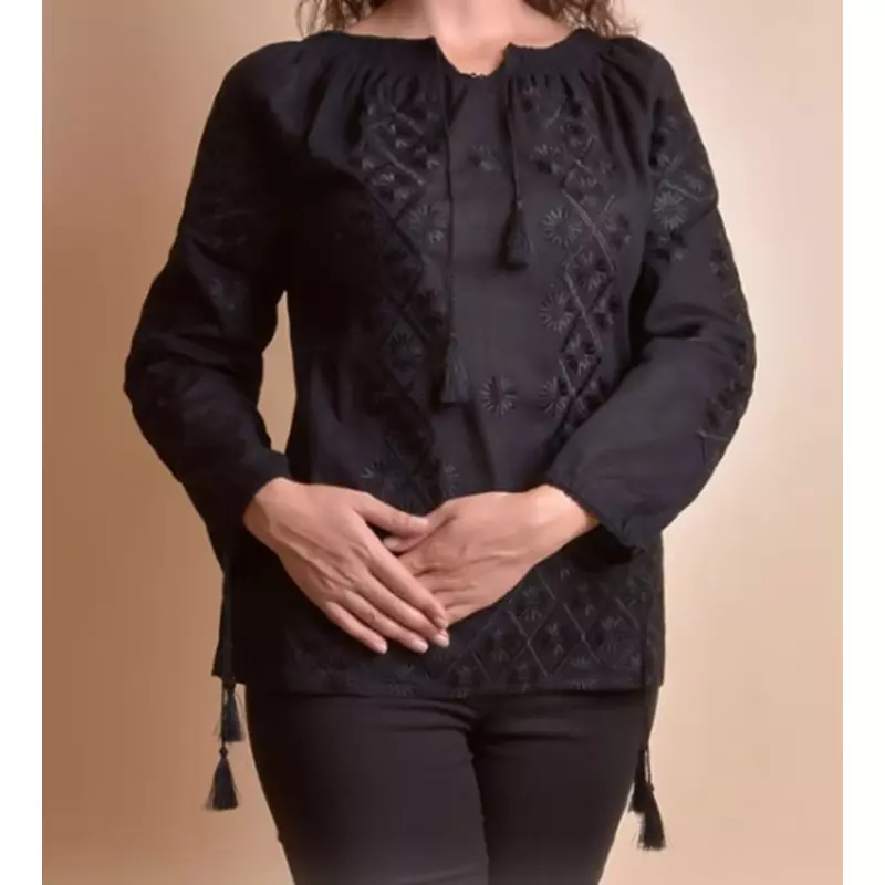 Ie Traditionala Neagra cu Motiv Floral Negru- IML06