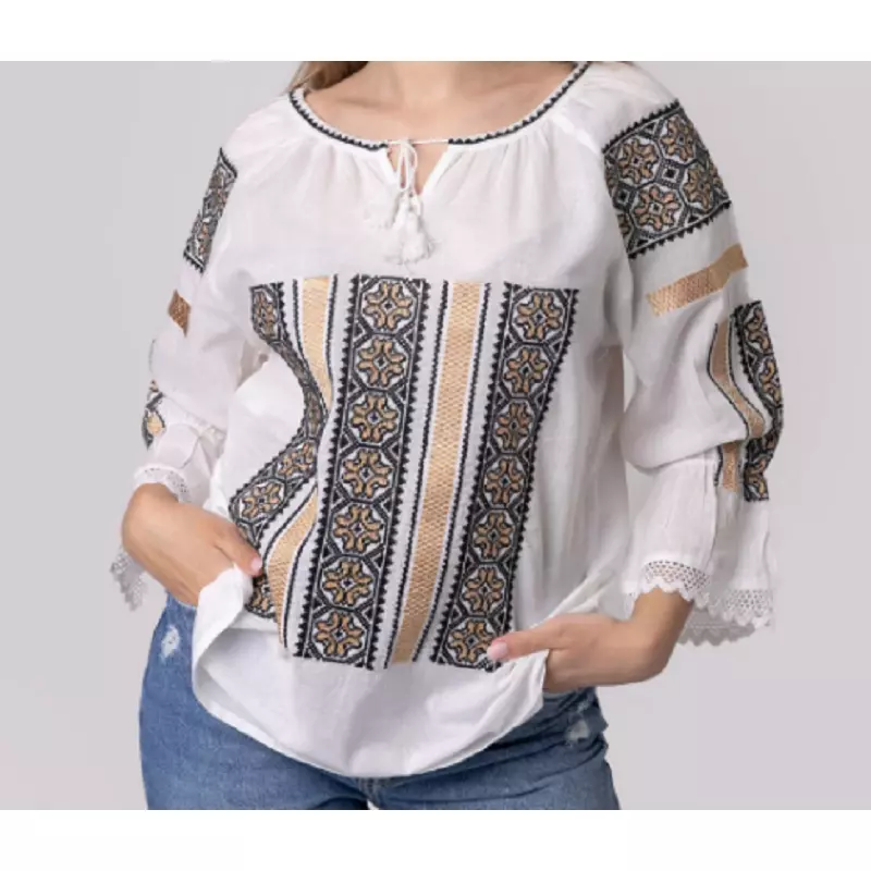 Ie Traditionala Alba cu Motiv Geometric Auriu de Dama  - IMS07