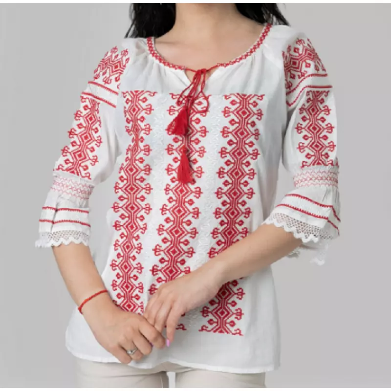 Ie Traditionala Alba cu Motiv Geometric Rosu de Dama  - IMS08
