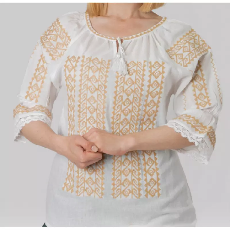 Ie Traditionala Alba cu Motiv Geometric Crem de Dama- IMS09